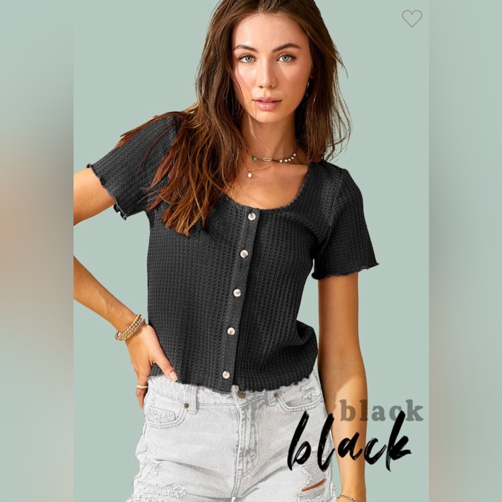 Black cropped short sleeve button down waffle knit shirt